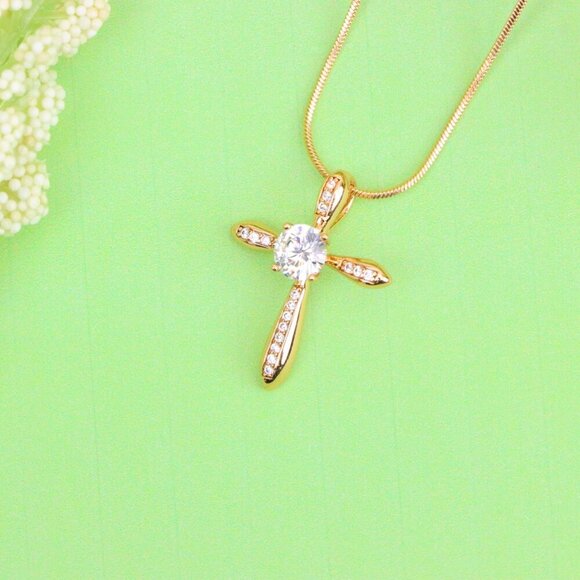 "Elegant Cross Pendant with Center Solitaire in Rose Gold Finish, XPPT1828 - Picture 12 of 13